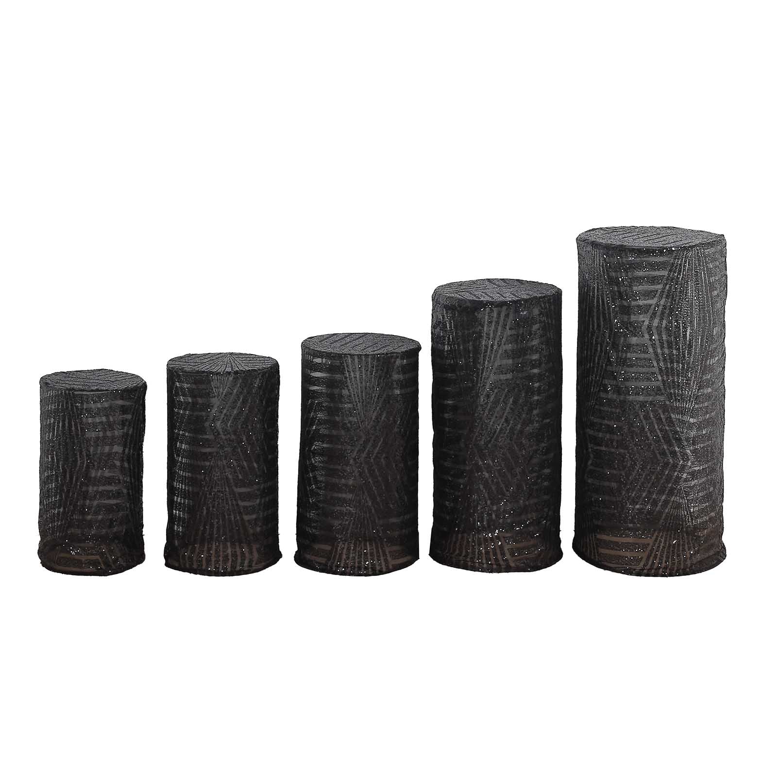 Black sequin mesh cylinder pedestal stand covers with geometric pattern.