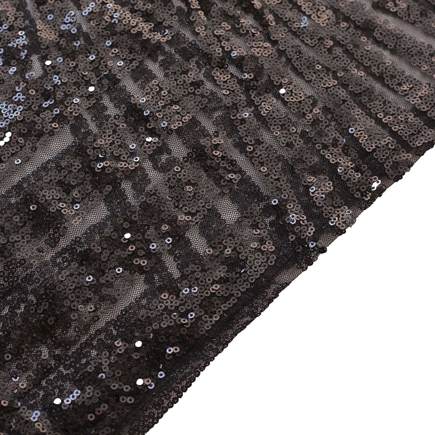 Black sequin mesh cylinder pedestal stand cover with geometric embroidery.