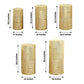 Gold sequin mesh cylinder pedestal stand covers with geometric embroidery.