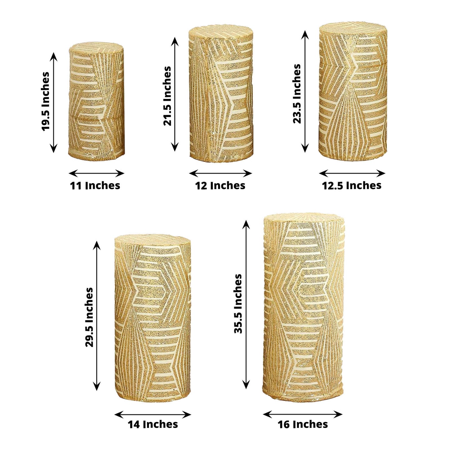 Gold sequin mesh cylinder pedestal stand covers with geometric embroidery.