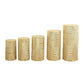 Gold sequin cylinder pedestal stand covers with geometric embroidery.