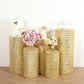 Gold sequin mesh pedestal stand covers with geometric pattern embroidery.