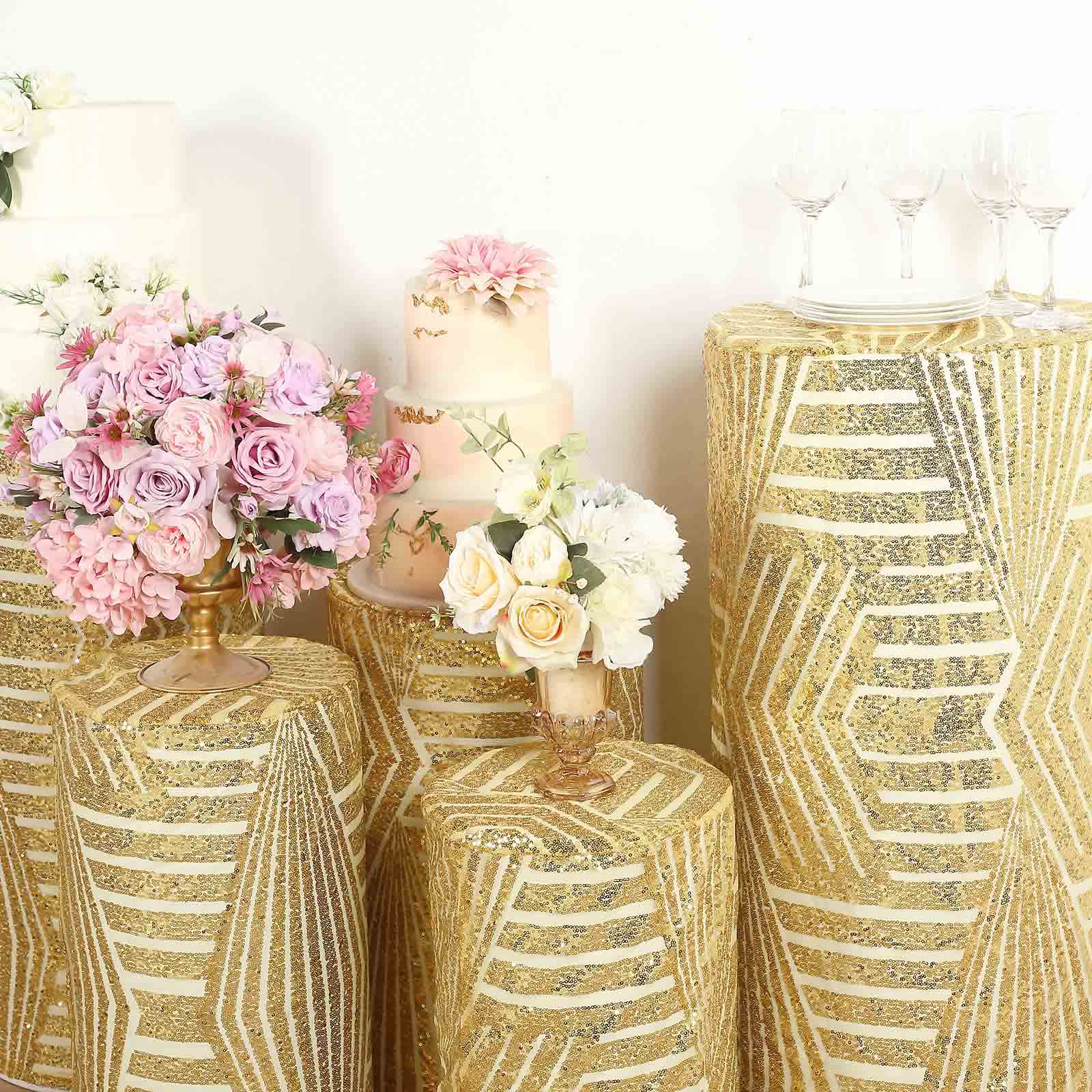 Gold sequin mesh pedestal stand covers with geometric pattern embroidery.