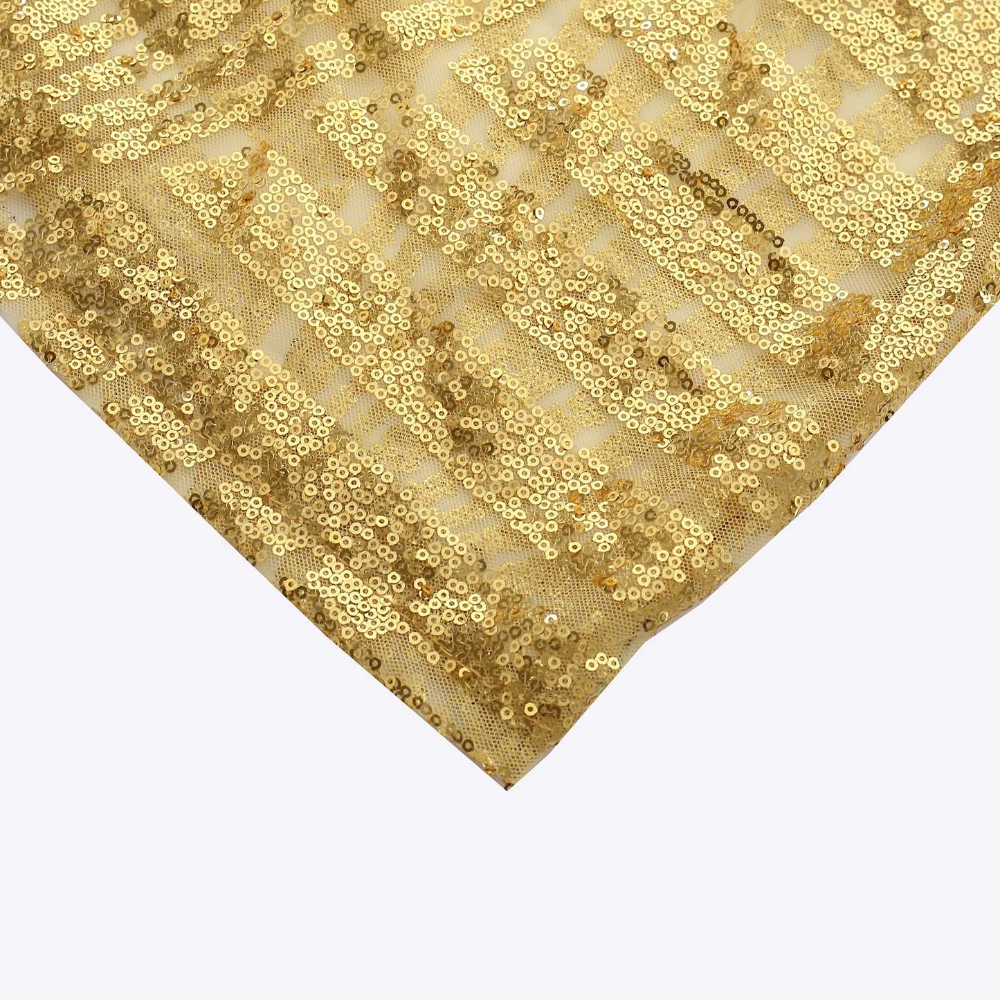 Gold sequin mesh cylinder stand covers with geometric pattern embroidery.
