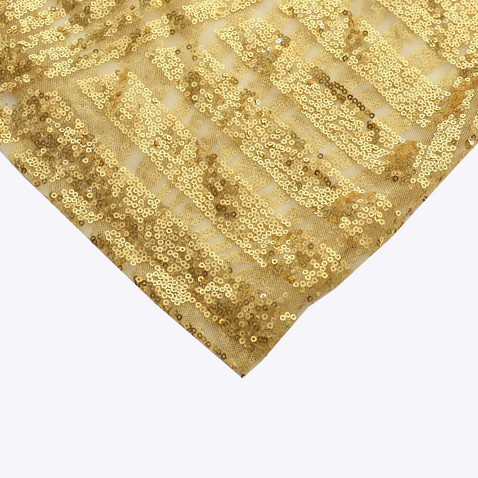 Gold sequin mesh cylinder stand covers with geometric pattern embroidery.