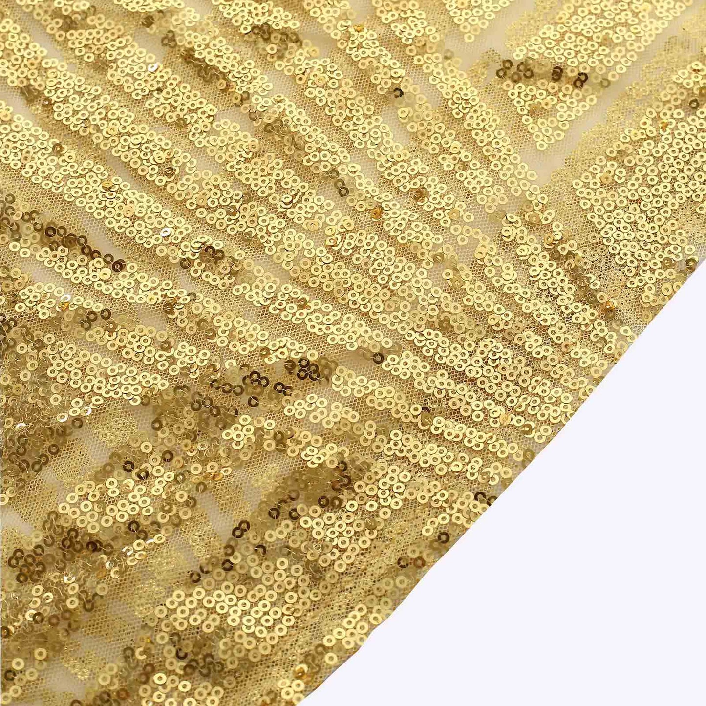 Gold sequin mesh pedestal stand covers with geometric pattern embroidery.