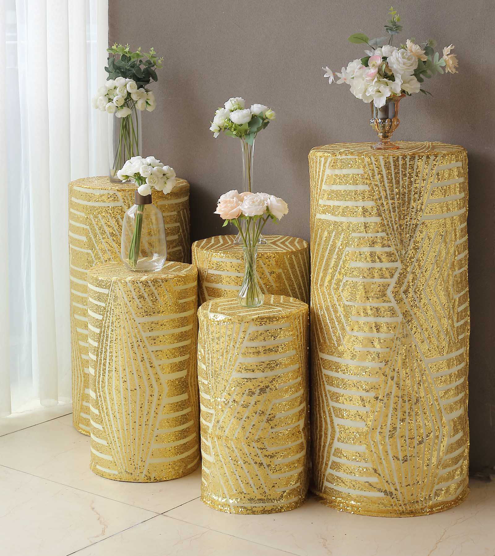 Gold sequin mesh pedestal stand covers with geometric pattern.