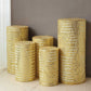 Gold sequin mesh pedestal stand covers with geometric pattern.