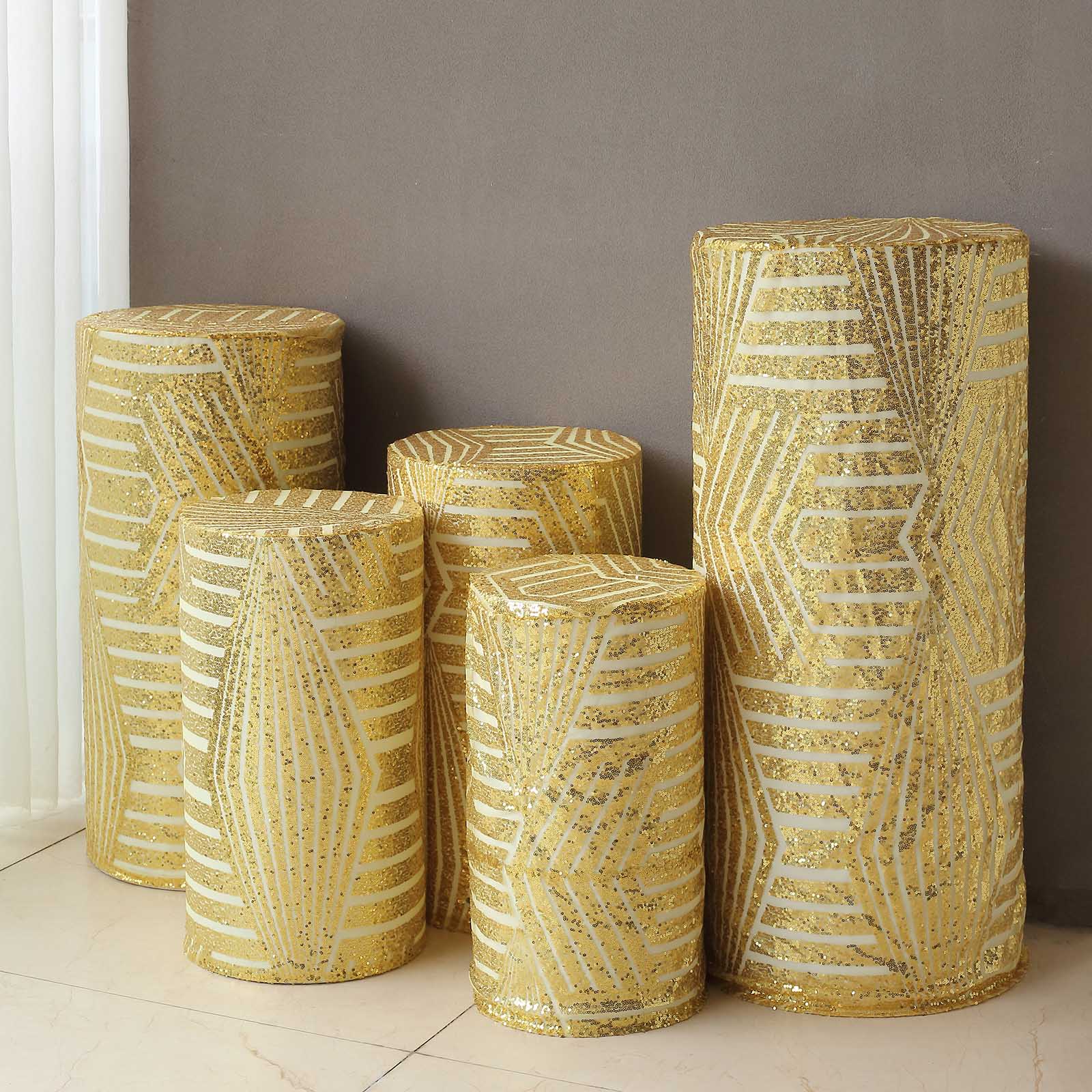 Gold sequin mesh pedestal stand covers with geometric pattern.