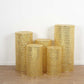 Gold sequin mesh pedestal stand covers with geometric pattern.