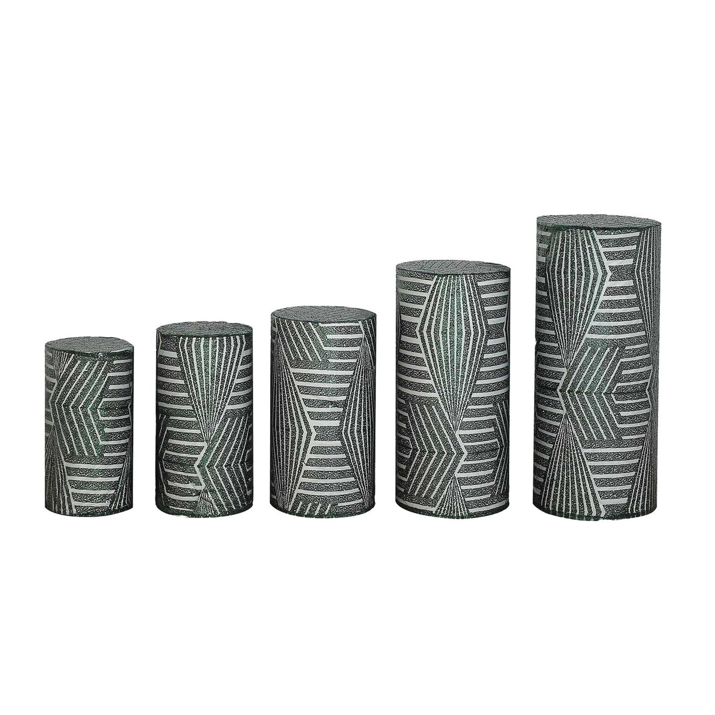 Set of 5 emerald green sequin mesh pedestal stand covers with geometric embroidery.
