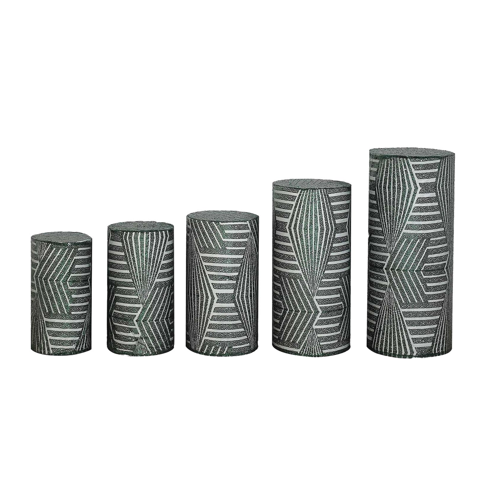 Set of 5 emerald green sequin mesh pedestal stand covers with geometric embroidery.