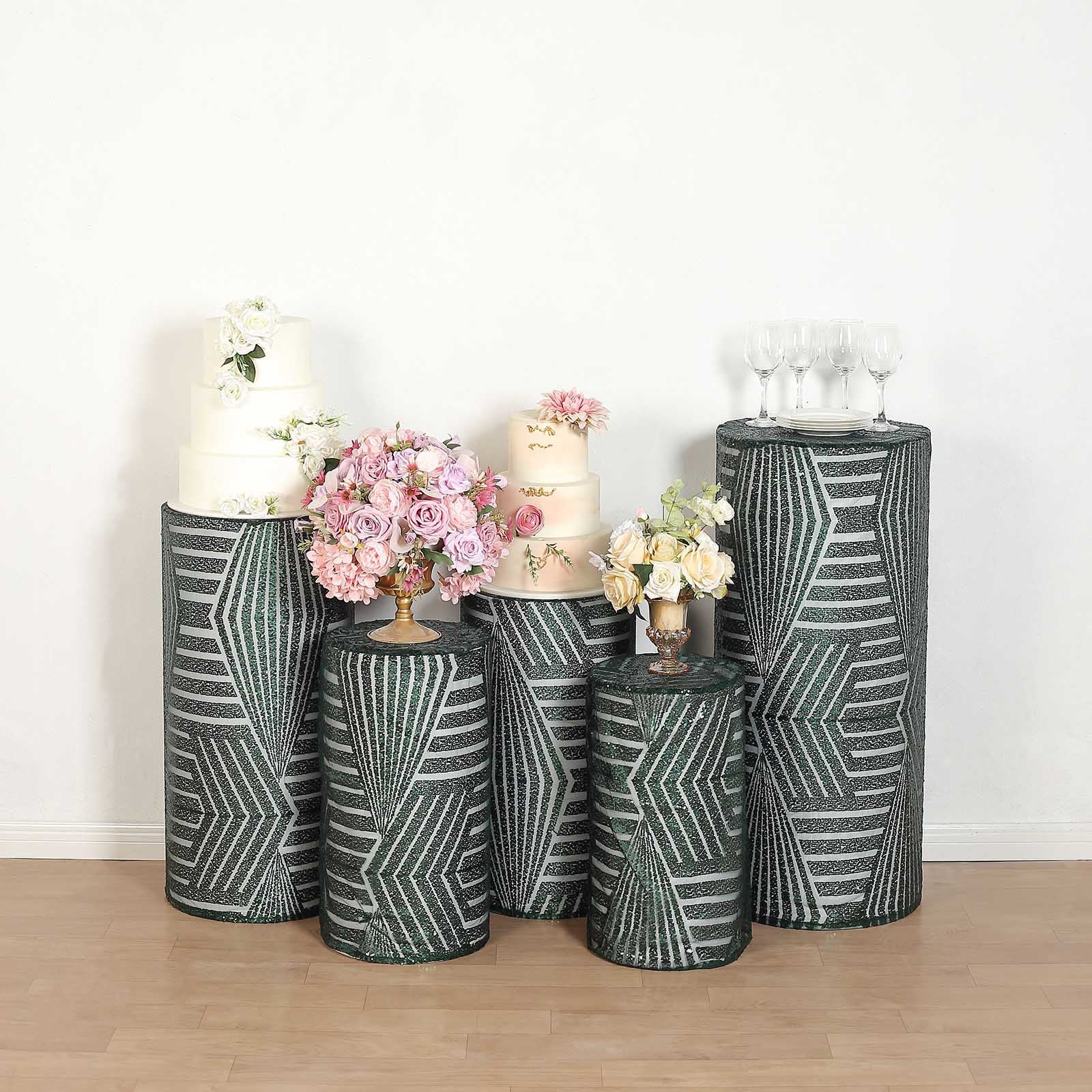 Emerald green sequin mesh pedestal stand covers with geometric pattern.