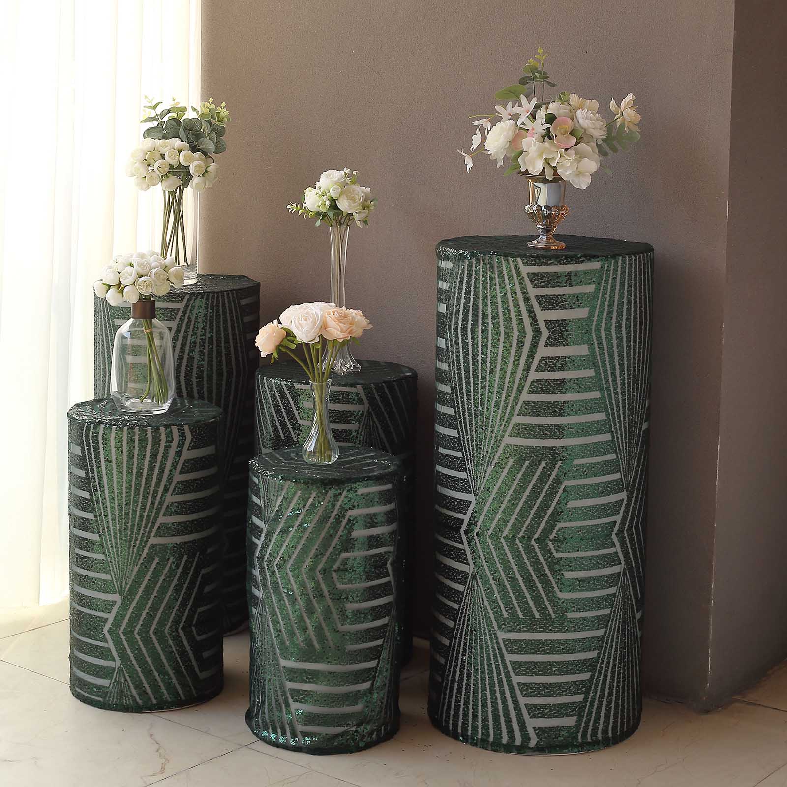 Emerald green sequin mesh pedestal stand covers with geometric pattern.