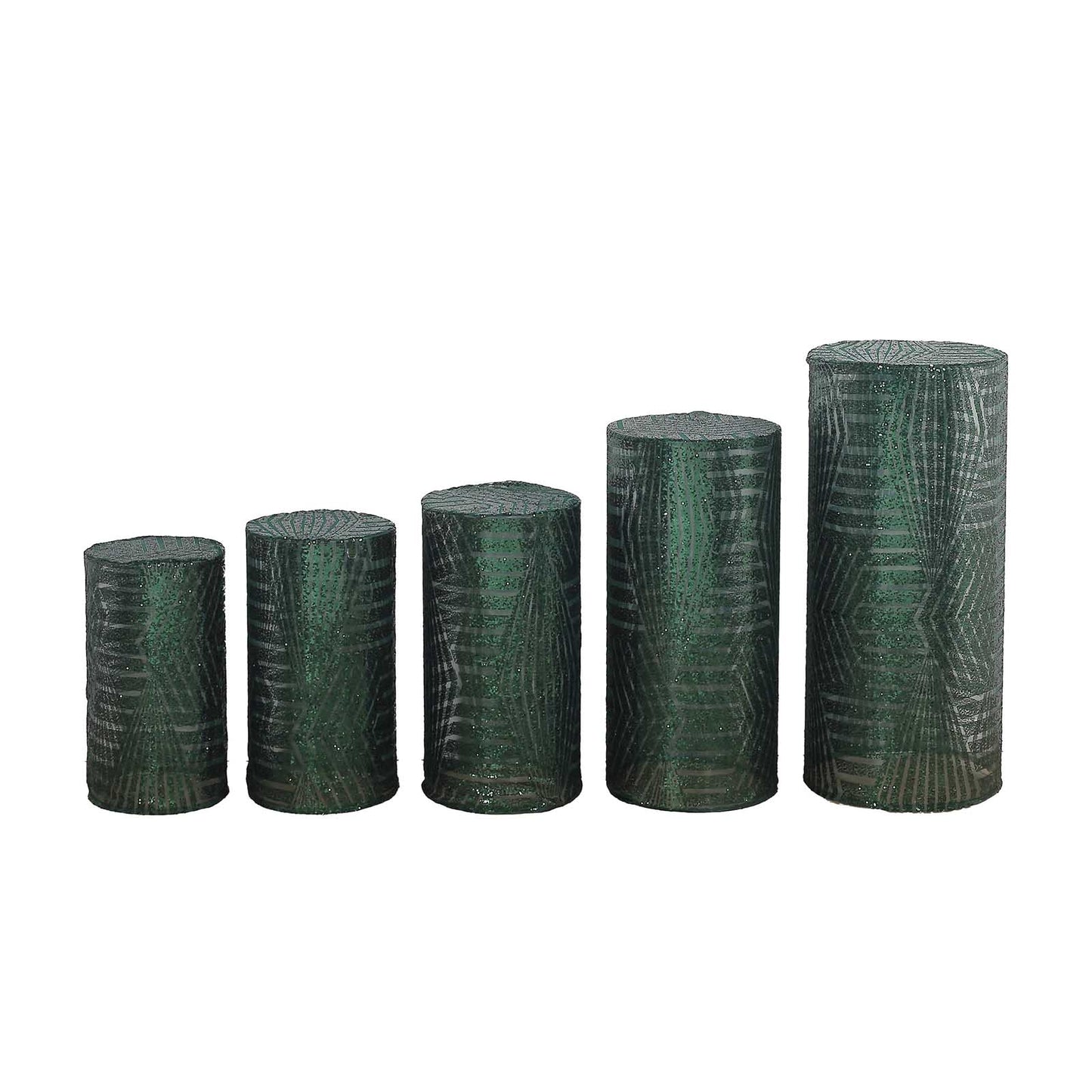 Emerald green sequin mesh pedestal stand covers with geometric embroidery.