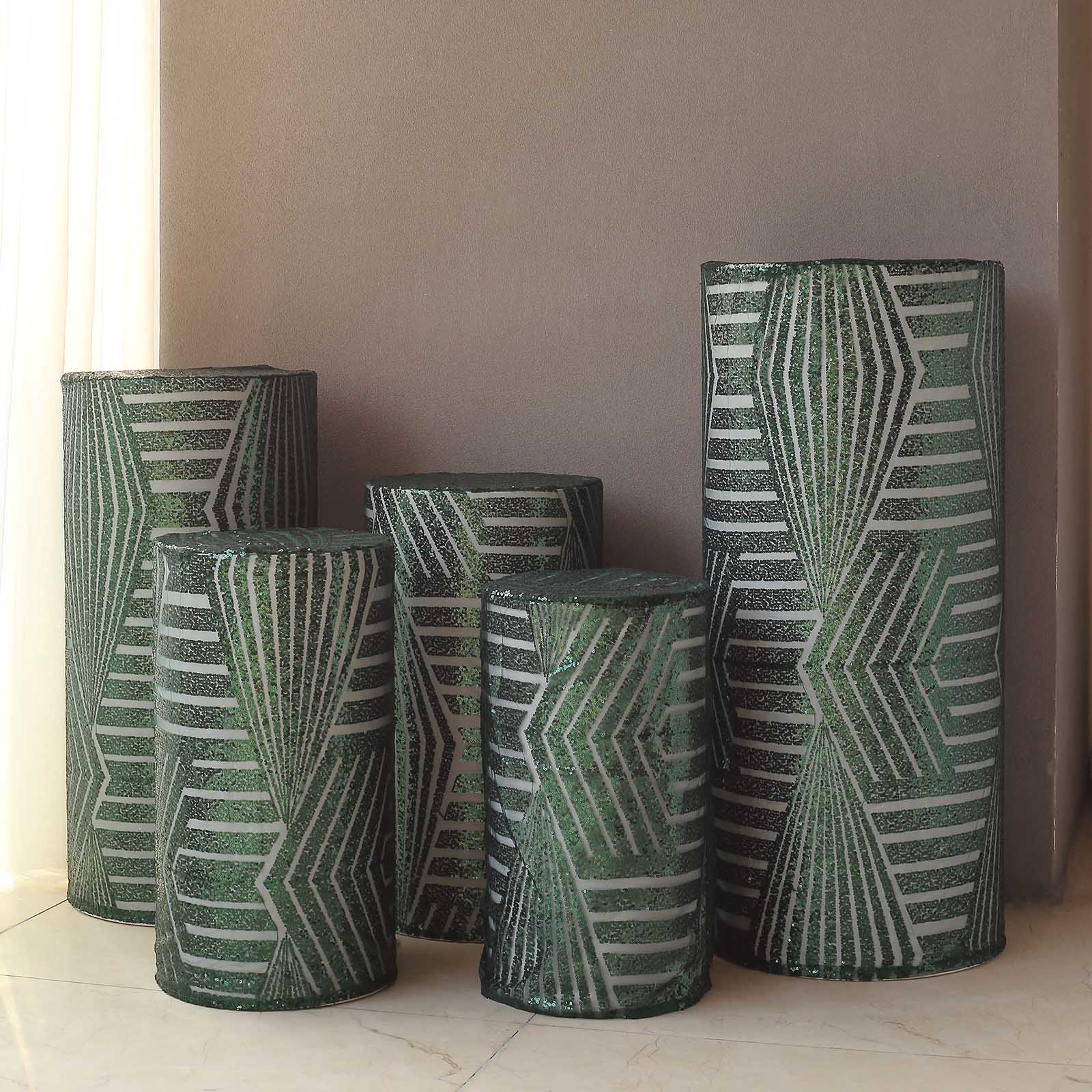 Emerald green sequin mesh pedestal stand covers with geometric pattern.