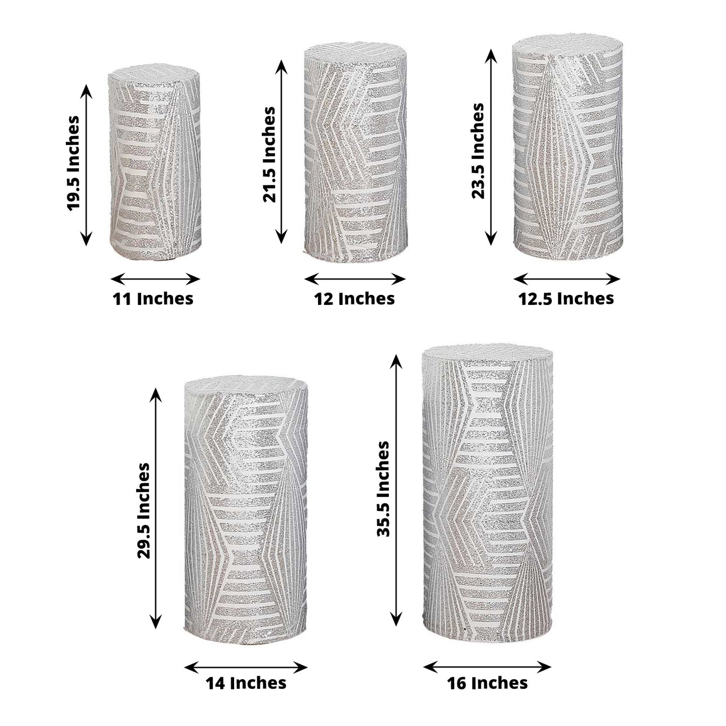 Set of 5 silver sequin cylinder pedestal stand covers with geometric embroidery.