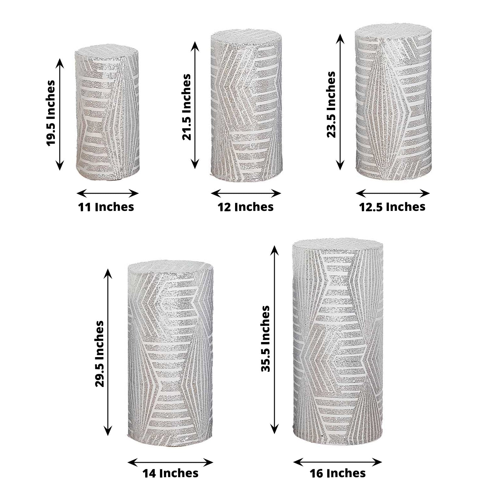 Set of 5 silver sequin cylinder pedestal stand covers with geometric embroidery.