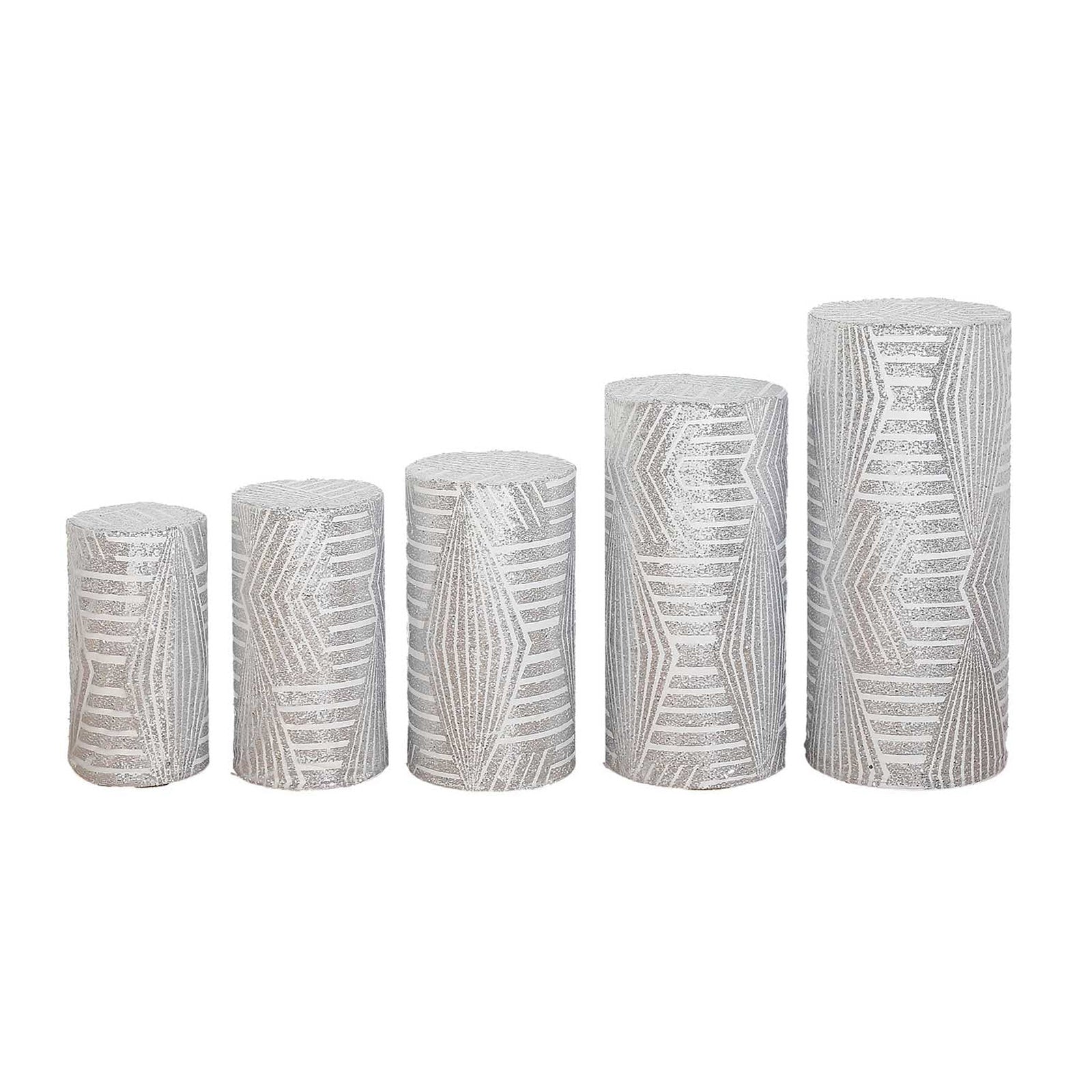 Set of 5 silver sequin mesh pedestal stand covers with geometric pattern.