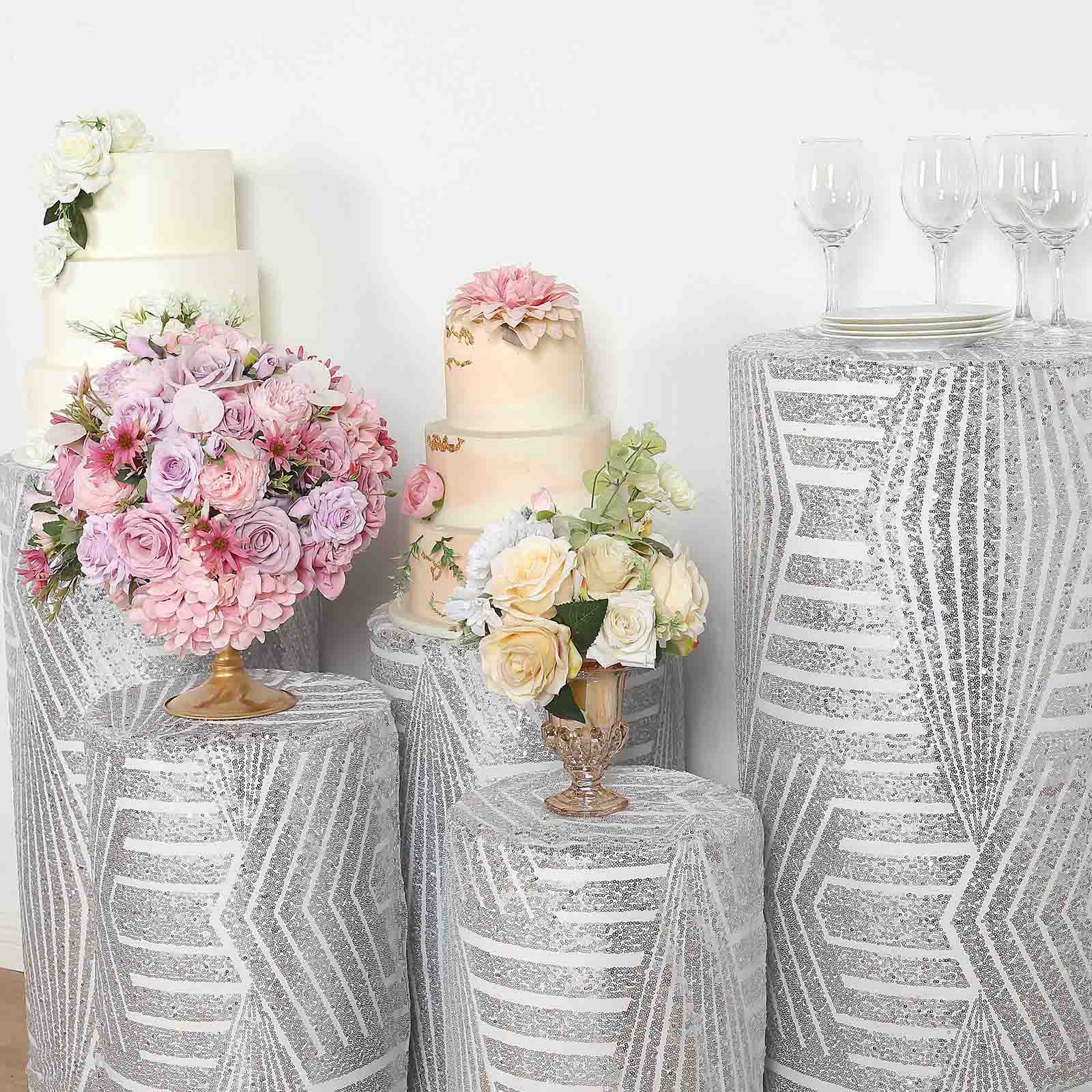 Silver sequin mesh pedestal stand covers with geometric pattern.