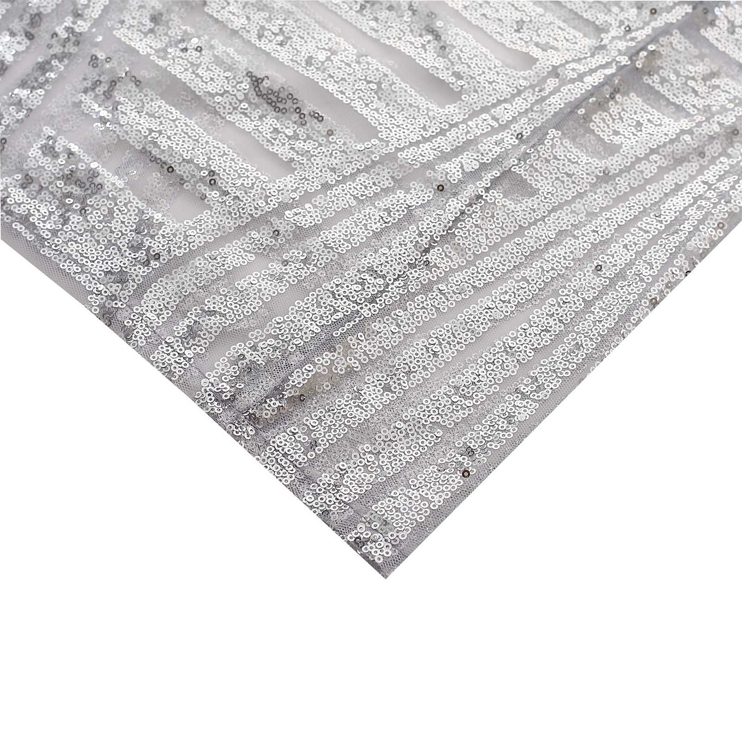 Silver sequin mesh pedestal stand covers with geometric pattern embroidery.