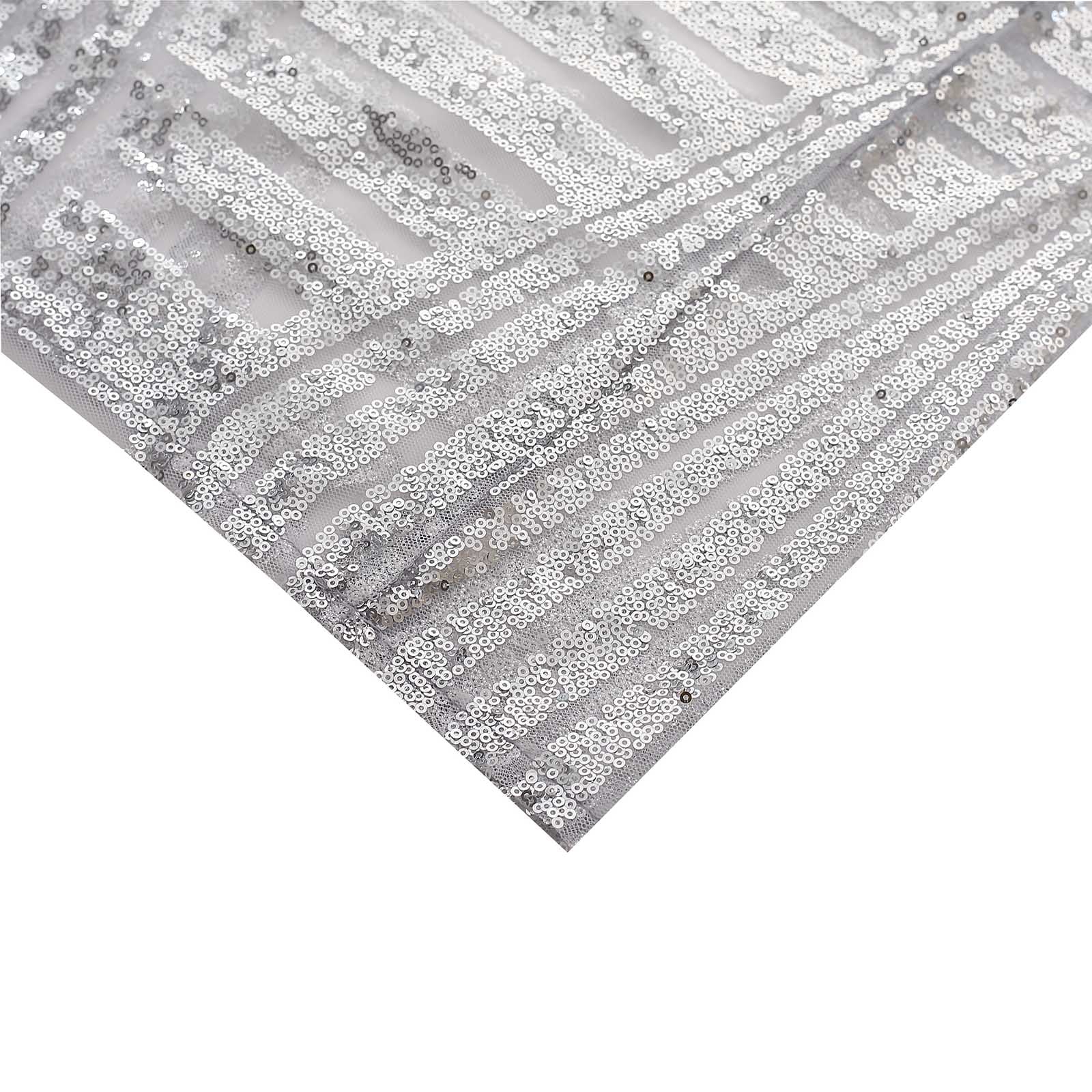 Silver sequin mesh pedestal stand covers with geometric pattern embroidery.