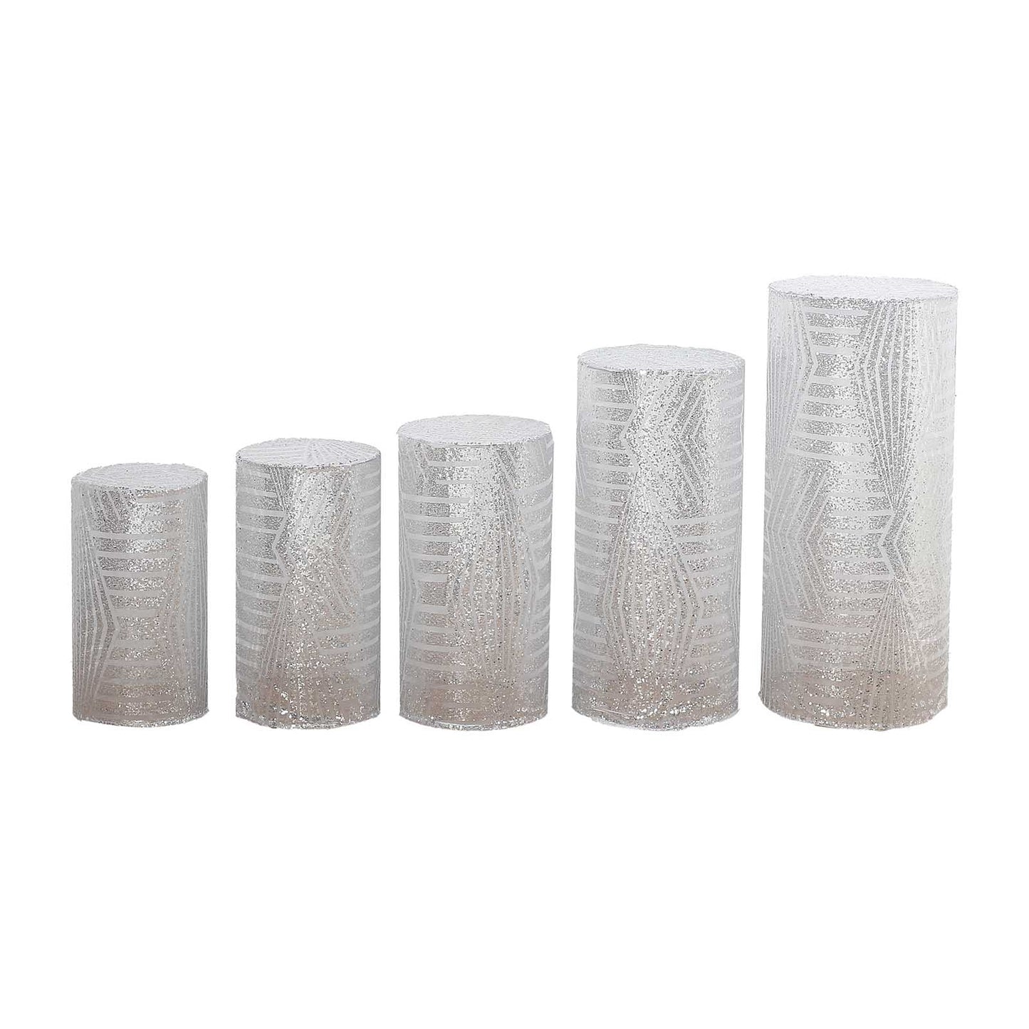 Set of 5 silver sequin mesh cylinder pedestal stand covers with geometric embroidery.