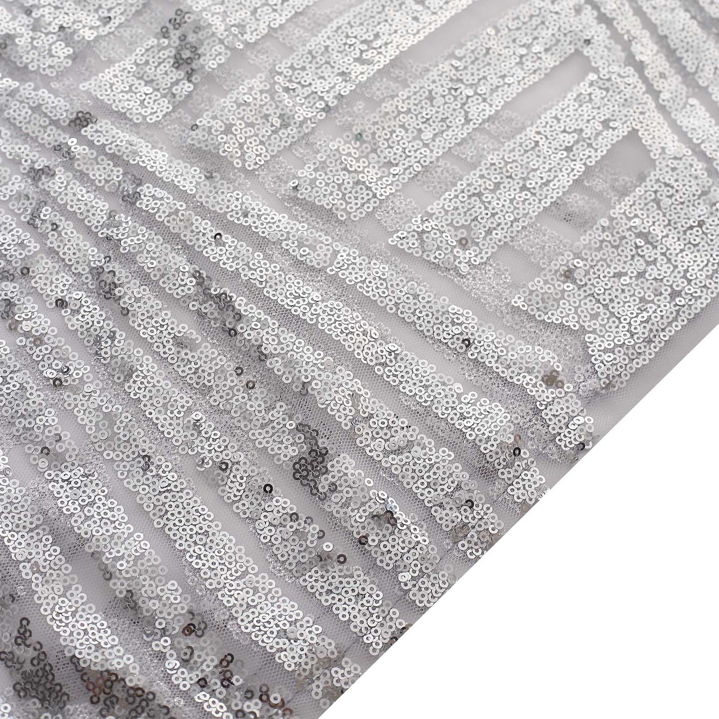 Silver sequin mesh pedestal stand covers with geometric pattern.
