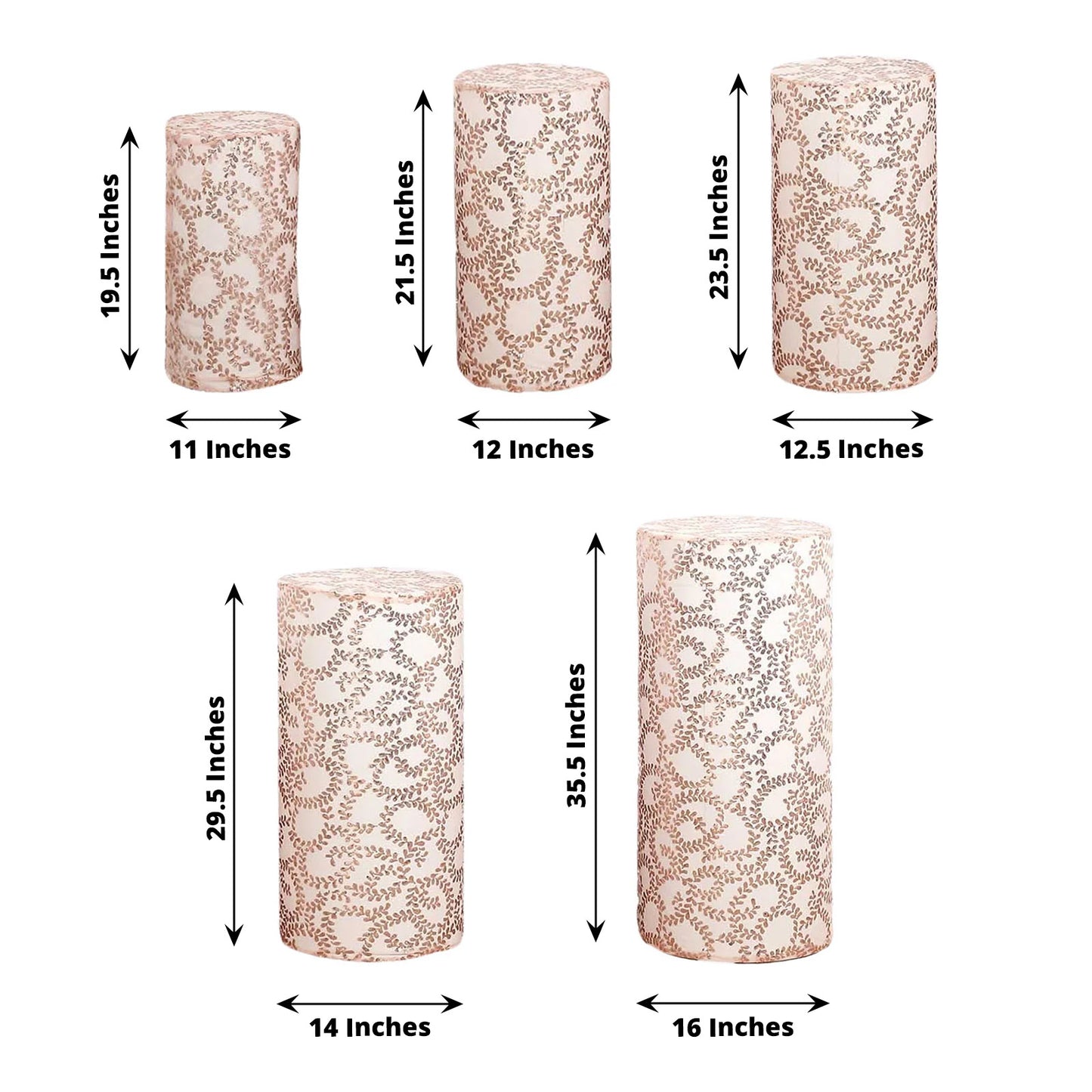 Rose gold sequin mesh pedestal stand covers with leaf vine embroidery.