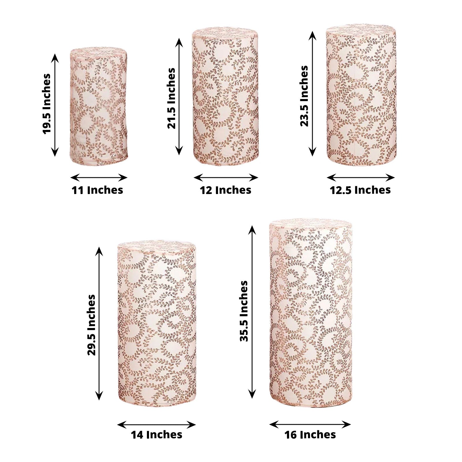 Rose gold sequin mesh pedestal stand covers with leaf vine embroidery.