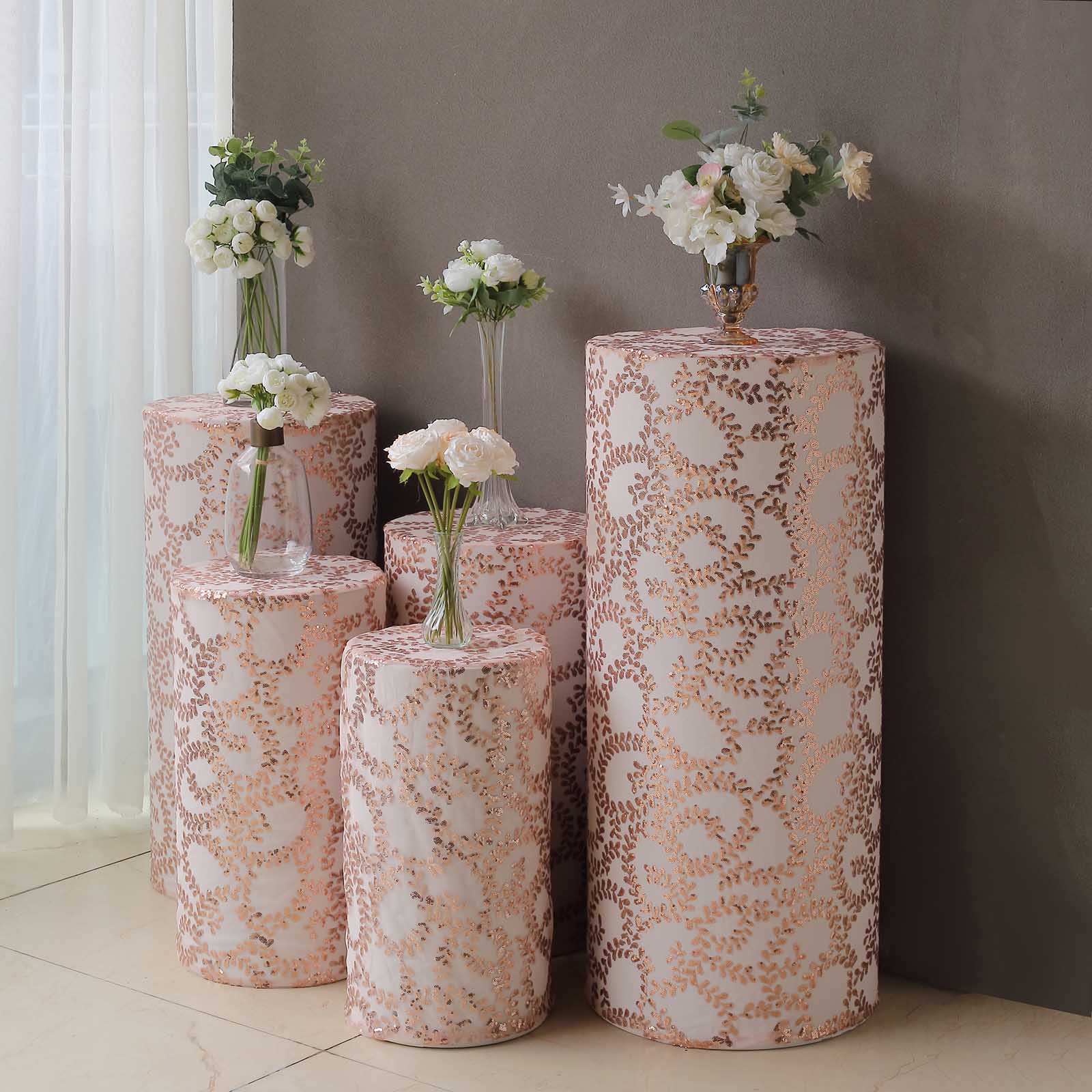 Rose gold sequin mesh pedestal stand covers with leaf vine embroidery.