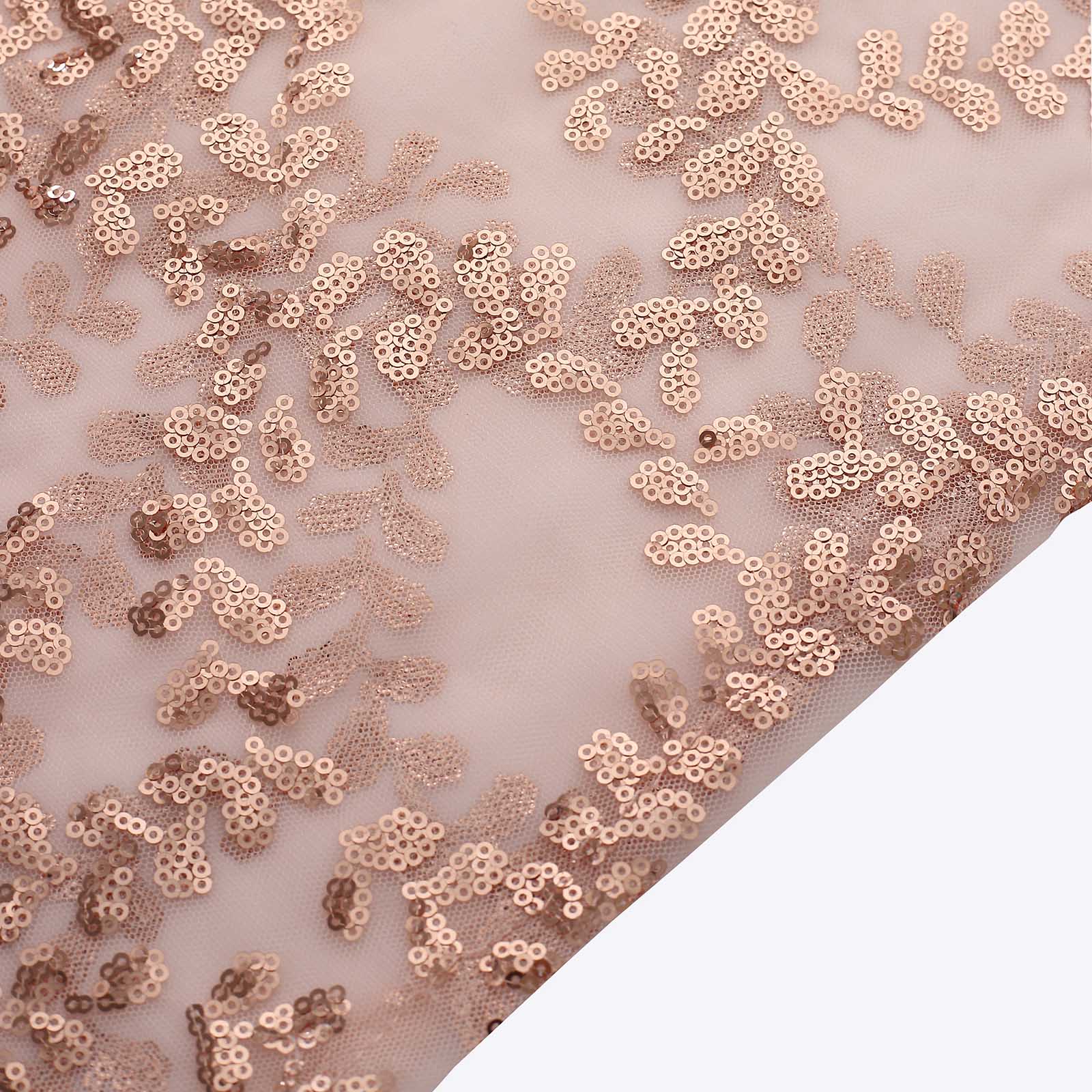 Rose gold sequin mesh pedestal stand covers with leaf vine embroidery.