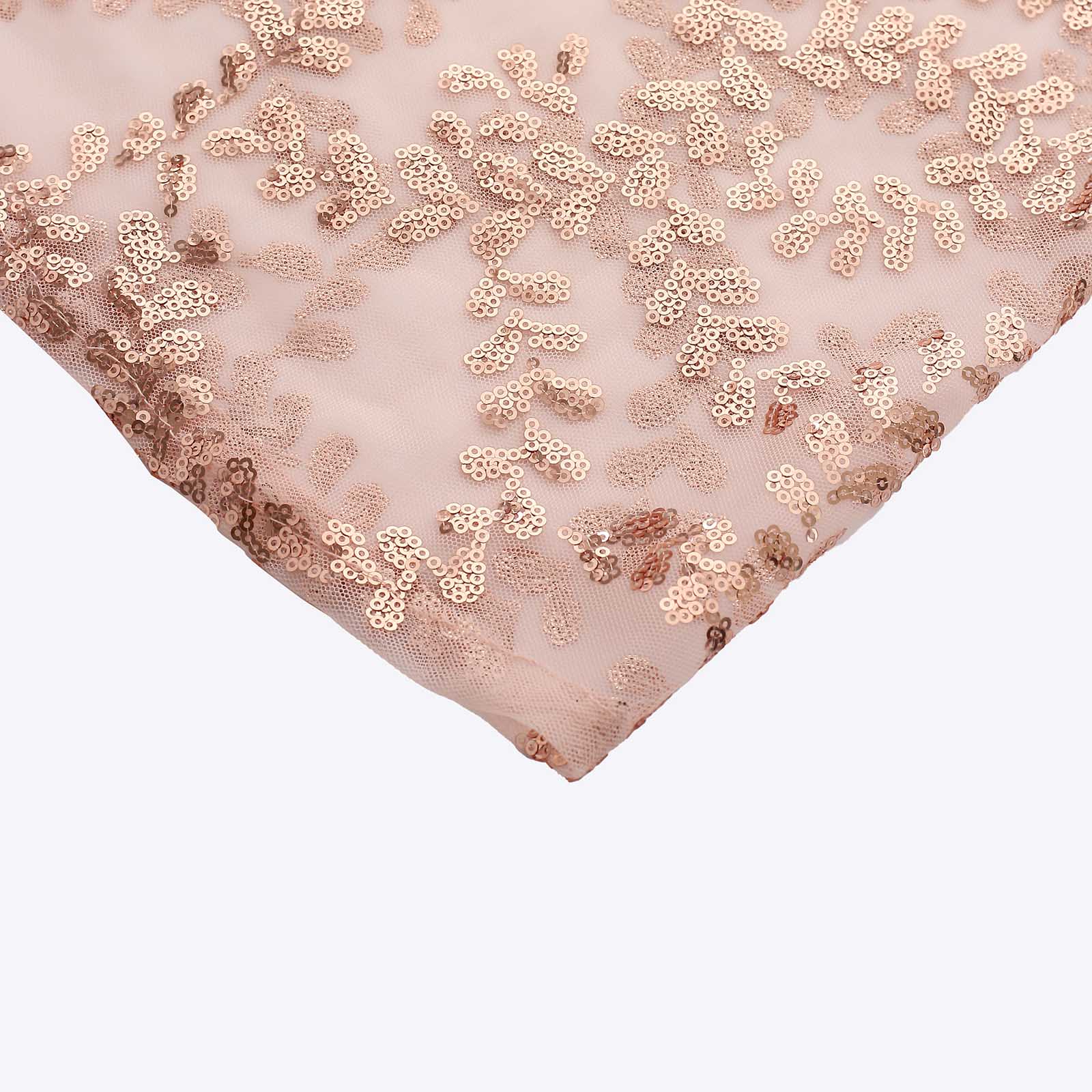 Rose gold sequin mesh cylinder stand cover with leaf vine embroidery.