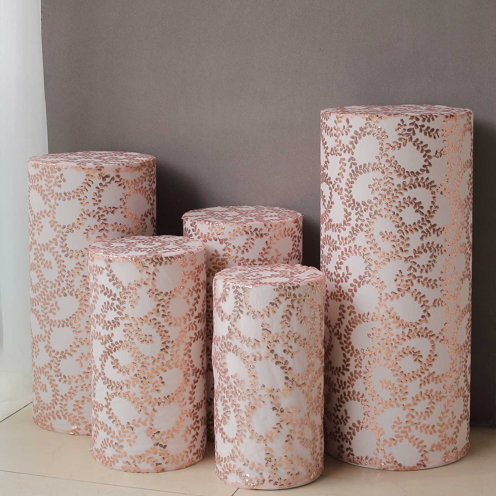 Rose gold sequin mesh pedestal stand covers with leaf vine embroidery.