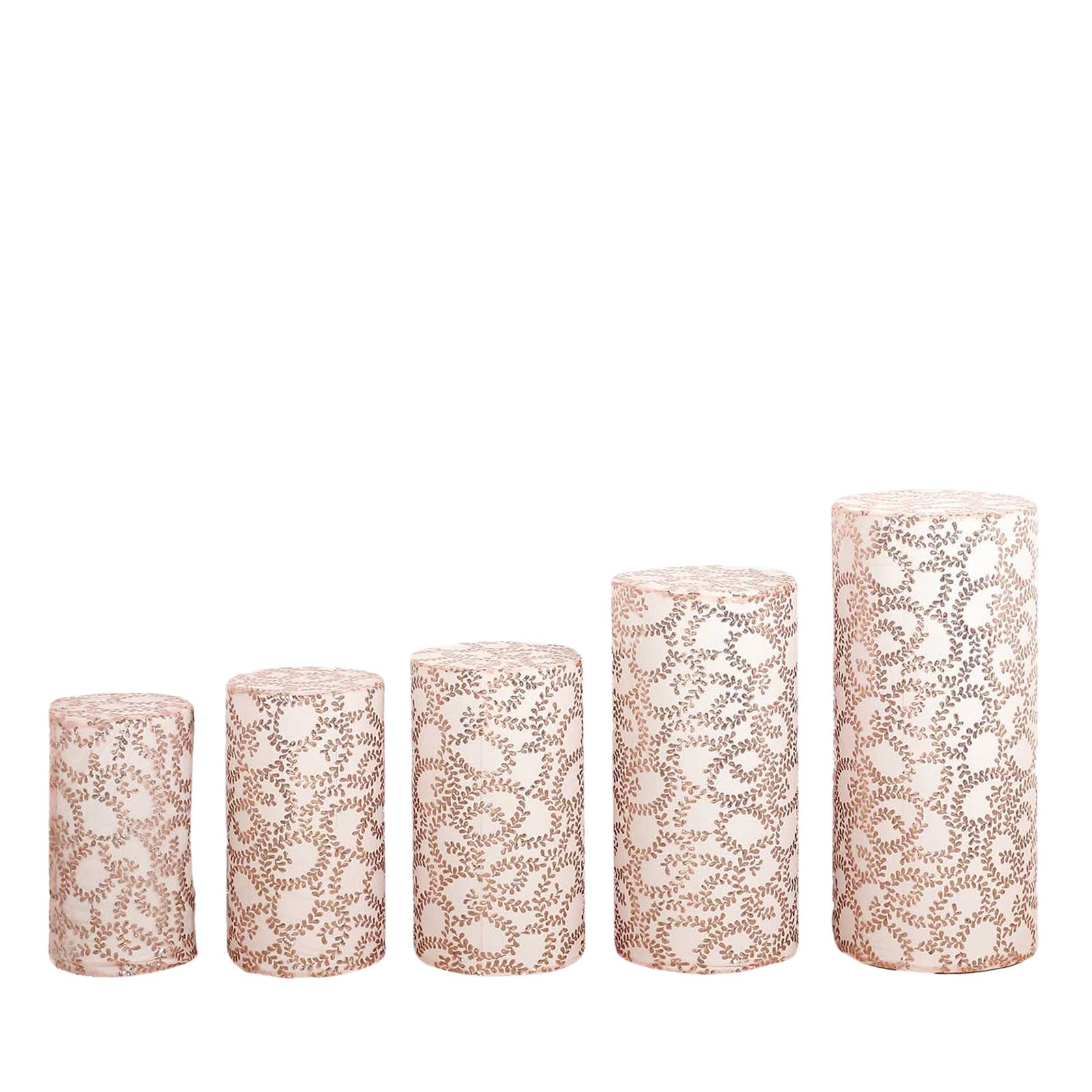 Rose gold sequin mesh pedestal stand covers with leaf vine embroidery.