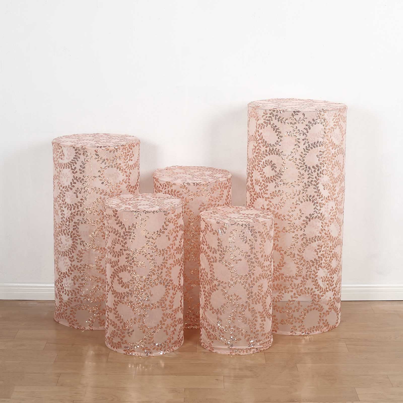Rose gold sequin mesh pedestal stand covers with leaf vine embroidery.