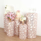 Rose gold sequin mesh pedestal stand covers with leaf vine embroidery.