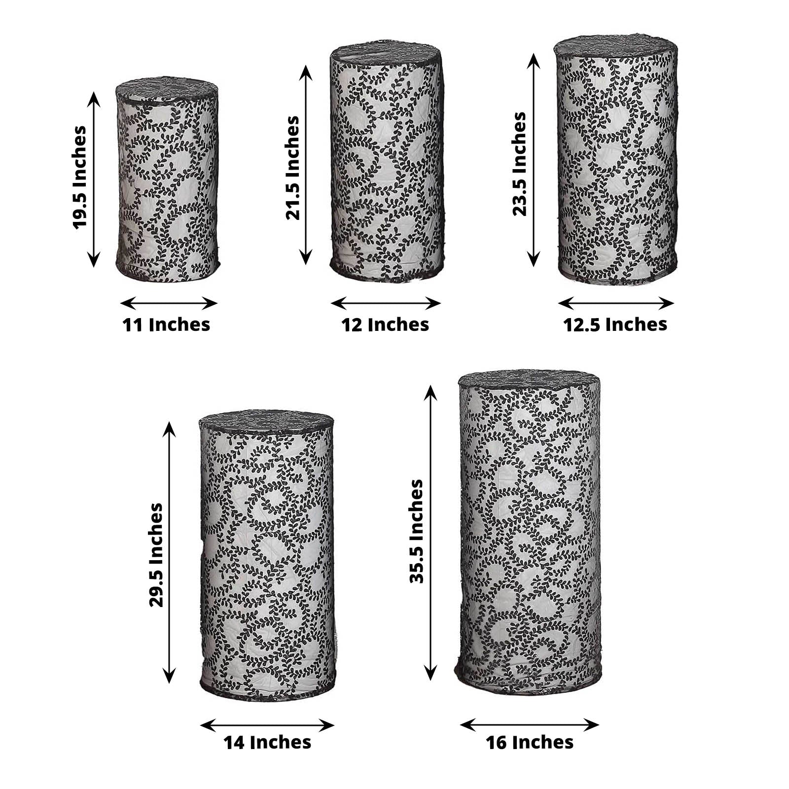 Set of 5 black sequin mesh cylinder pedestal stand covers with leaf vine embroidery.