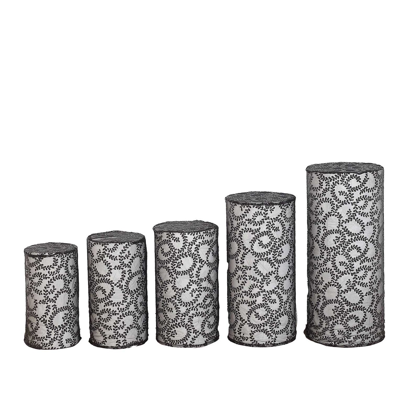 Black sequin mesh pedestal stand covers with leaf vine embroidery.