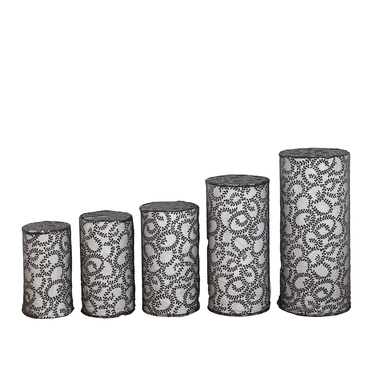 Black sequin mesh pedestal stand covers with leaf vine embroidery.