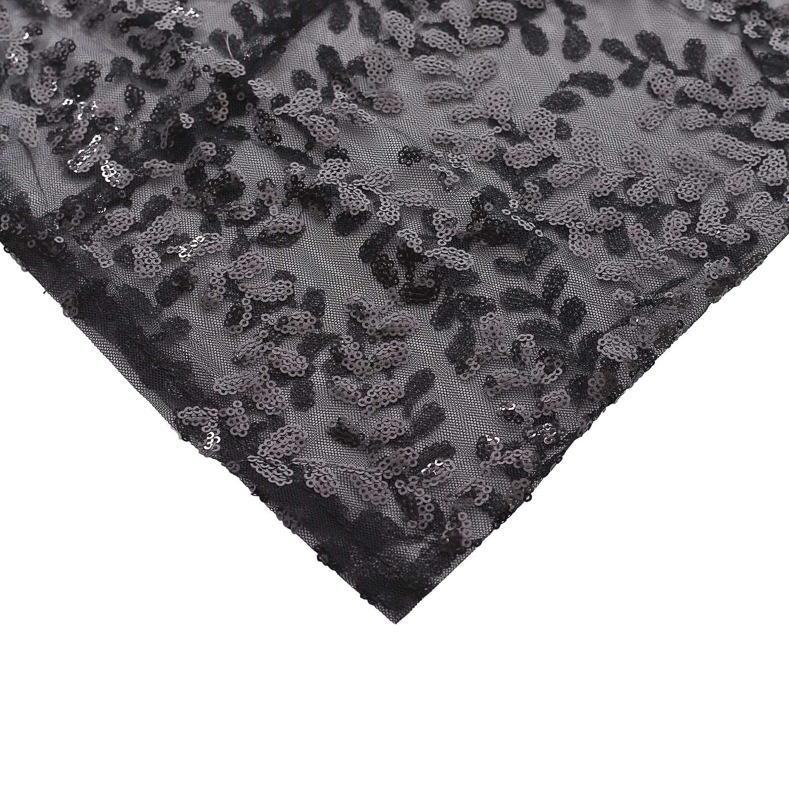 Black sequin mesh cylinder pedestal stand cover with leaf vine embroidery.