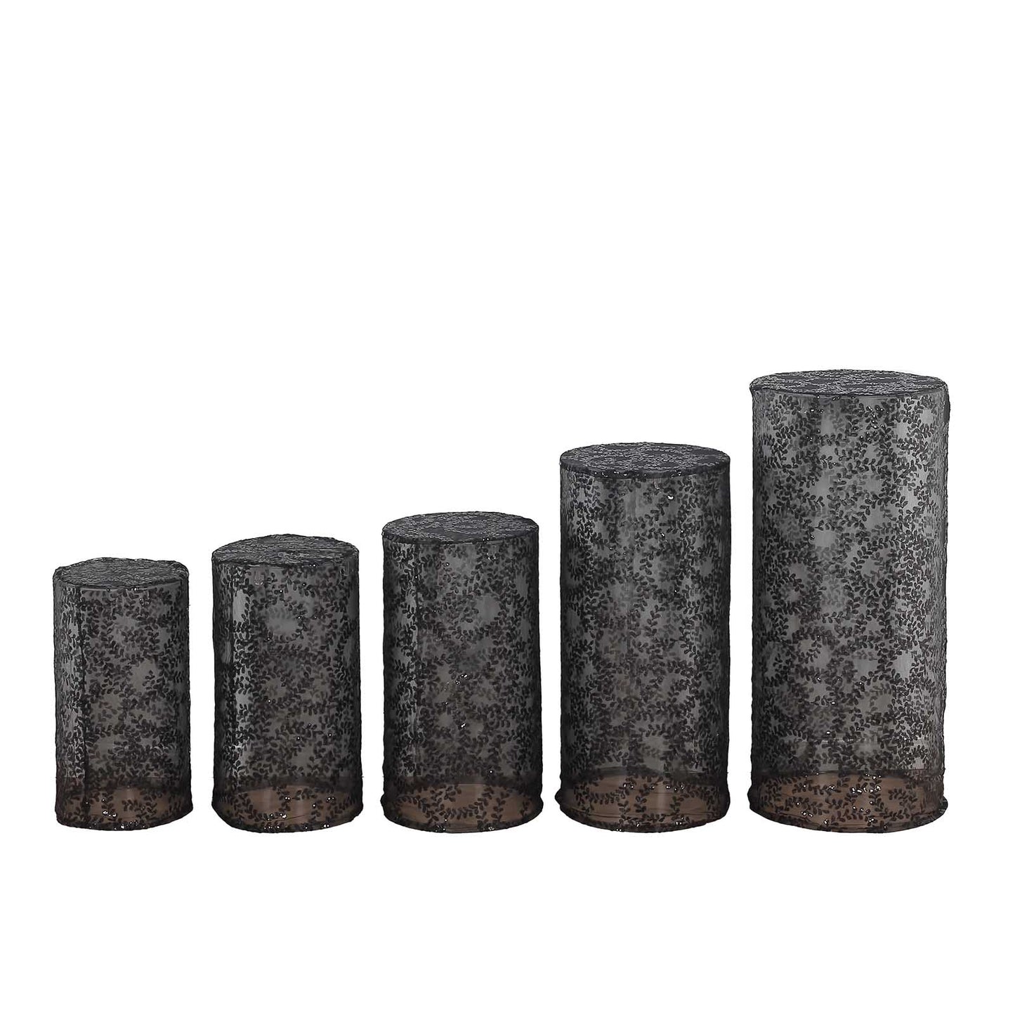Black sequin mesh pedestal stand covers with leaf vine embroidery.