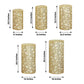 Gold sequin mesh pedestal stand covers with leaf vine embroidery.