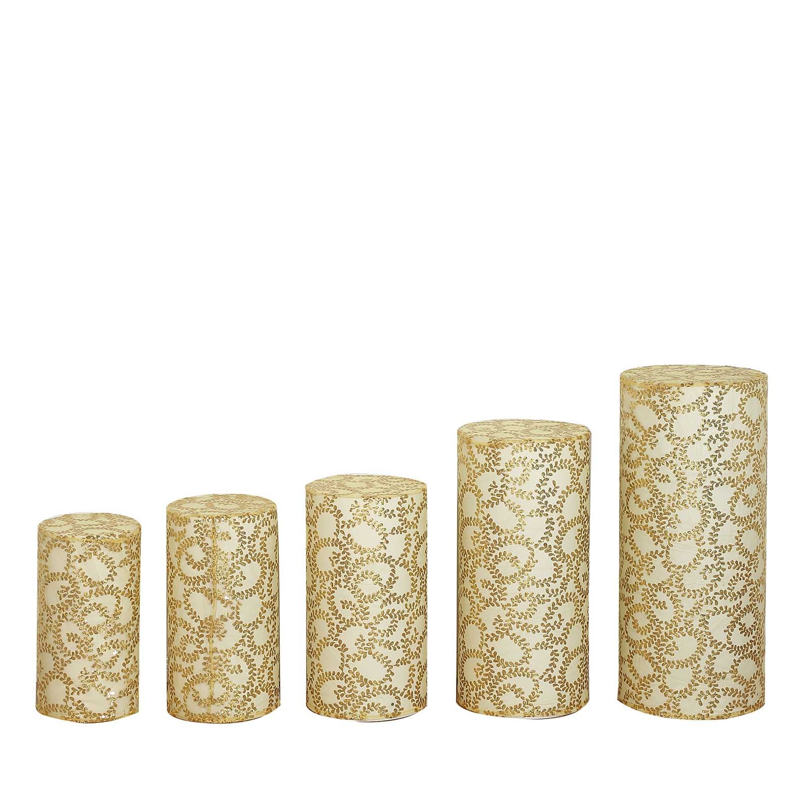 Gold sequin mesh pedestal stand covers with leaf vine embroidery.