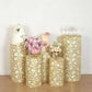 Gold sequin mesh pedestal stand covers with leaf vine embroidery.