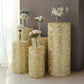 Gold sequin mesh cylinder pedestal stand covers with leaf vine embroidery.