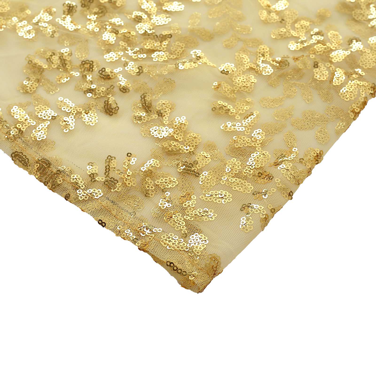 Gold sequin mesh pedestal stand cover with leaf vine embroidery.