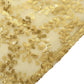 Gold sequin mesh pedestal stand covers with leaf vine embroidery.