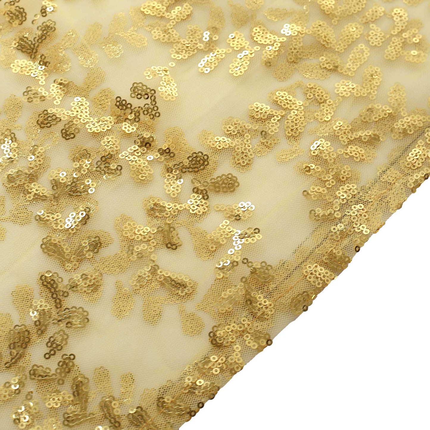 Gold sequin mesh pedestal stand covers with leaf vine embroidery.