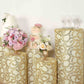 Gold sequin mesh cylinder pedestal stand covers with leaf vine embroidery.